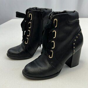Kohls Womens Black Leather Lace-Up Block Heels Ankle Booties Size 6M